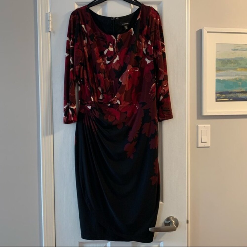 Le Chateau Gathered Red Floral Stretch Dress L